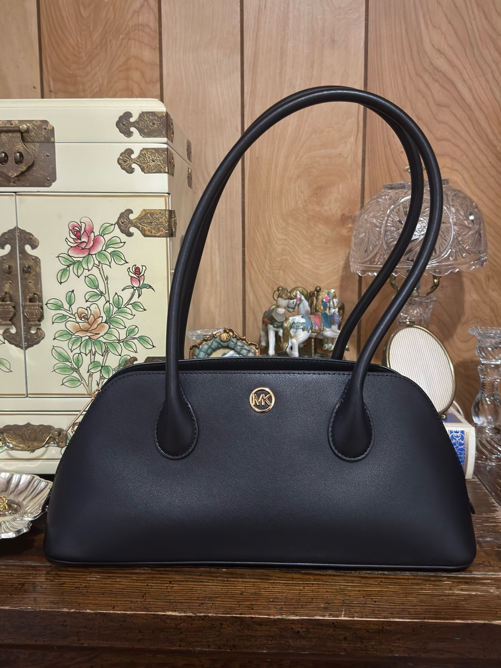 Michael Kors Black Leather Double-Handle Dome Shoulder Bag - Picture 2 of 9